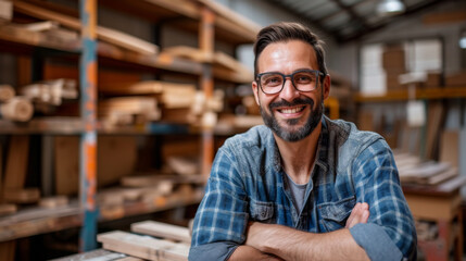 Obraz premium A cheerful male artisan with glasses, wearing a plaid shirt, stands confidently in his well-equipped woodworking workshop.