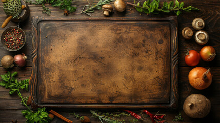 An old, textured cutting board surrounded by fresh herbs, spices, and vegetables, ready for a...