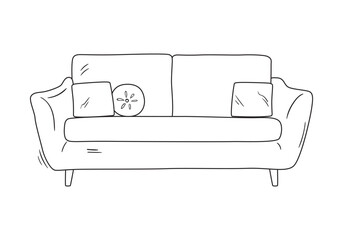 Hand drawn silhouette of mid century couch with pillows. Modern furniture outline drawing. Line art sofa for trendy living room interior design. Sketch seat on legs. Vector illustration