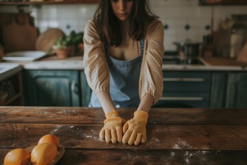 Woman Wearing Rubber Gloves Dusts Wooden Table In Kitchen, Promoting Cleanliness At Home