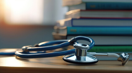Close-up photo of stethoscope for medical doctor diagnosis on a pile of books