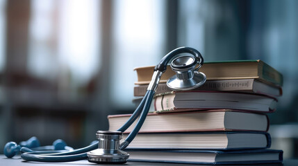 Close-up photo of stethoscope for medical doctor diagnosis on a pile of books