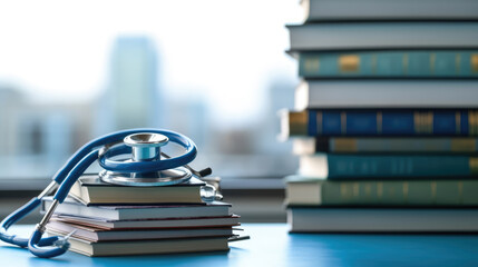 Close-up photo of stethoscope for medical doctor diagnosis on a pile of books