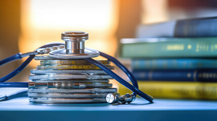 Close-up photo of stethoscope for medical doctor diagnosis on a pile of books