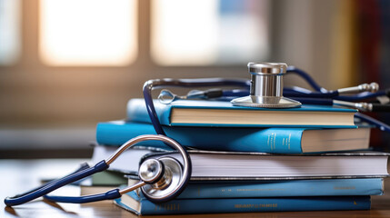 Close-up photo of stethoscope for medical doctor diagnosis on a pile of books