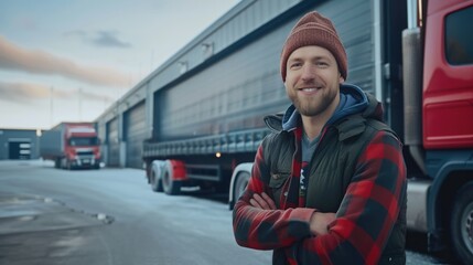 Smiling truck driver standing near truck at outside warehouse.