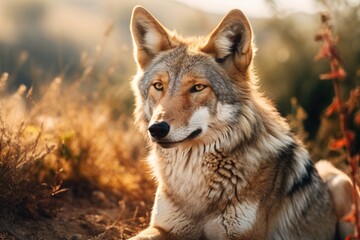 Naklejka na ściany i meble Beautiful photo of a wild coyote out in nature at sunset, Ai generated