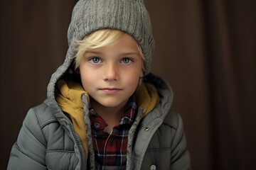Portrait of a cute little boy in a warm winter jacket.