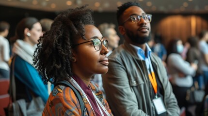 Fototapeta premium Intercultural delegates and their colleagues on background discussing possible questions for speakers before political summit in conference hall