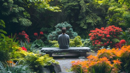 A tranquil garden oasis, with a person sitting on a stone bench against a backdrop of lush foliage and blooming flowers.