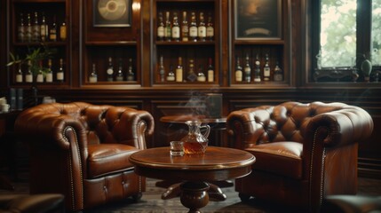 Fototapeta na wymiar A sophisticated cigar lounge, with leather chairs and mahogany tables providing the perfect setting for whiskey tastings.