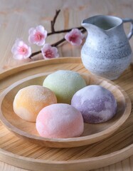 Fototapeta na wymiar Japanese Mochi - Rice Cake or Mochigome Confectionary - Traditional Sweets from Japan - Presented in a Delightful and Tasteful Way