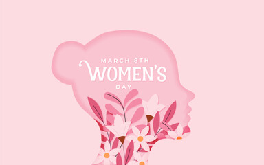 International Women Day 8 march with frame of flower and leaves , Paper art style. vector illustration