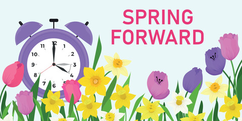 Daylight saving time concept. Border of flowers of tulips and narcissus, daffodils. Changing the time on the clock to summertime