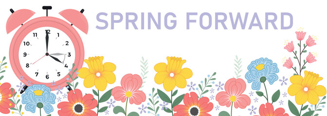 Spring forward banner with abstract flowers. Daylight saving time concept