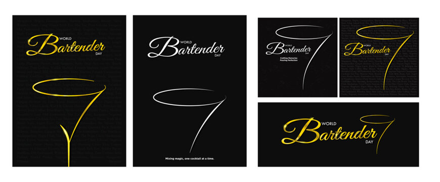 World Bartender Day Greeting Card Posters Set. Golden Cocktail glass with world bartender gold typographic design on simple black background with names of different cocktails. Vector Illustration. 