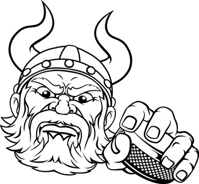 A viking hockey sports mascot cartoon character holding a puck