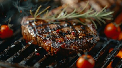 A sizzling steak on a hot grill, charred edges and savory juices tantalizing the taste buds - obrazy, fototapety, plakaty