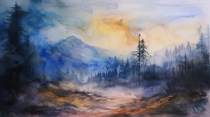 watercolor landscape in a mystical atmosphere, image created by artificial intelligence
