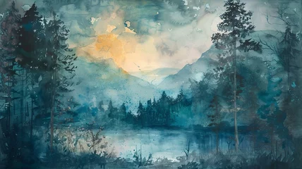 Photo sur Plexiglas Vert bleu watercolor landscape in a mystical atmosphere, image created by artificial intelligence