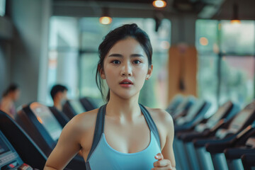Fototapeta na wymiar Sporty asian woman in a sports bra doing exercise by running on treadmill during a workout at the gym fitness center