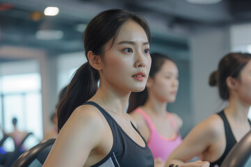 Sporty asian woman in a sports bra doing exercise by running on treadmill during a workout at the gym fitness center