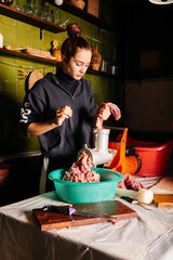 Young lady grinding beef in kitchen using kitchen appliance