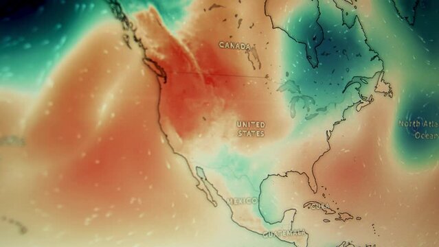 United States Canada Weather temperature wind. Shot of a computer screen monitor. Pixels visible. Moving camera shot of a computer screen. Weather wind satellite view map. Precipitations, temperatures