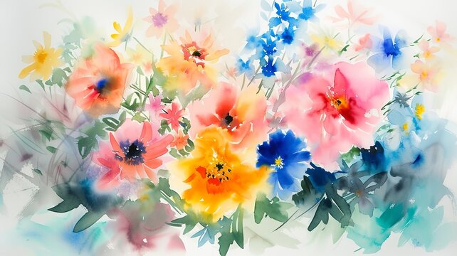 watercolor image of a beautiful colorful flower bouquet, image created by artificial intelligence