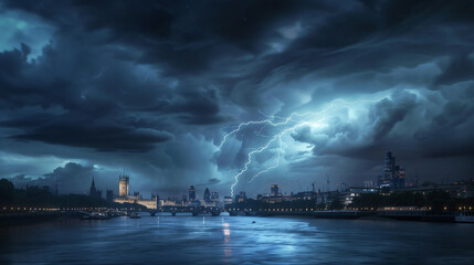 Dark storm clouds with lightning over Thames river in London.