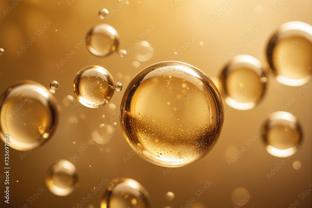 Poster close-up of golden oil bubbles suspended, creating a luxurious and rich texture against a soft, warm