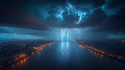 Raamstickers Dark storm clouds with lightning over Thames river in London. © Janis Smits
