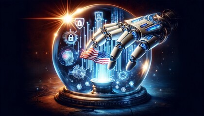 Futuristic Vision of Electoral Unity: Enhanced Glow from a Glass Ball Signifies the Joy and Optimism of the 2024 USA Election, Guarded by AI.