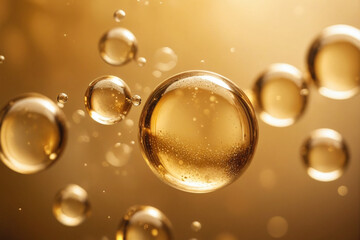 Fototapeta premium Close-up of golden oil bubbles suspended, creating a luxurious and rich texture against a soft, warm bokeh background