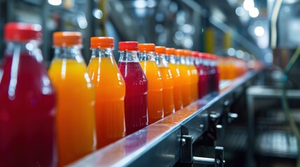Fototapeta na wymiar product bottles fruit juice on the conveyor belt in the beverage factory, industrial, manufacture, production, line, plant, technology, juice, machine, machinery, equipment, automated