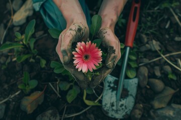 Top view of hands holding flower to plant with gardening tools