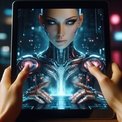 Naklejka premium A woman holds a tablet and communicates with an android using the net