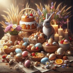 Whimsical Easter Delight: Decorated Table and Bunny Fun