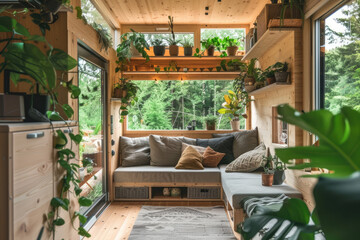 Tiny house interior with natural wooden decor, many plants