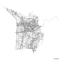 Grenoble city map with roads and streets, France. Vector outline illustration.