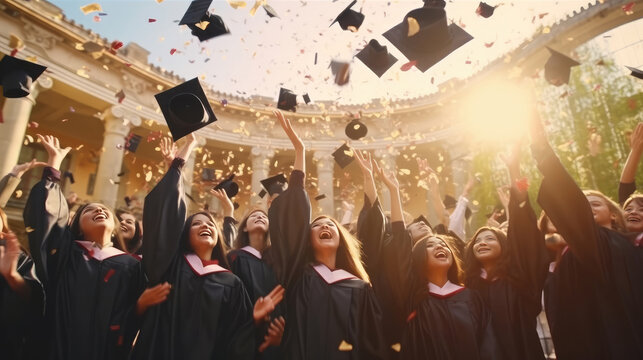 Group Of Happy Students Throwing Graduation Caps Into The Air Celebrating Graduation