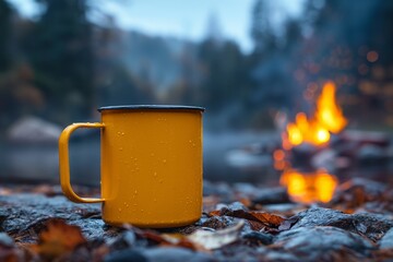 A yellow metal enamel mug stands on the stone with campfire in the mountains on background