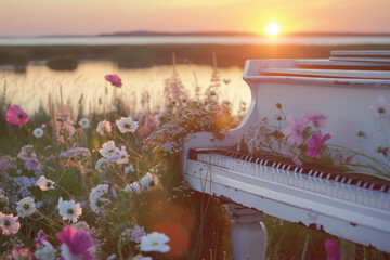 White piano adorned with flowers in bloom, sunset backdrop