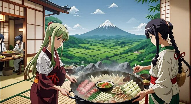 Picturesque countryside setting with characters picking fresh ingredients like bamboo shoots and mushrooms for a homemade Japanese hot pot or nabe dinner