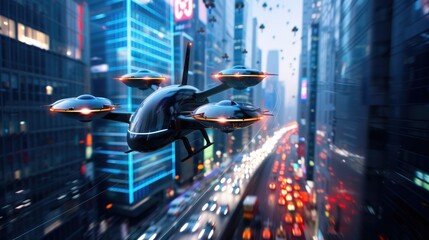 Sci-Fi Drone Fleet in Urban Sky: A squadron of high-tech drones with glowing elements, soaring above urban traffic in a twilight city. - obrazy, fototapety, plakaty