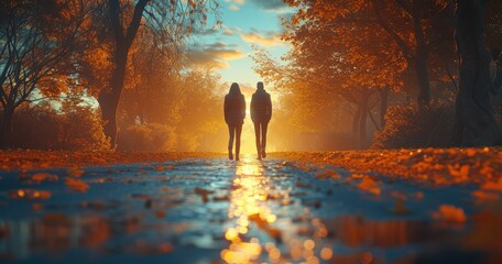 Intimate Autumn Stroll for Two: Serene scene of a couple enjoying a peaceful walk down an autumnal path, with golden leaves and a setting sun creating a picturesque backdrop. - obrazy, fototapety, plakaty