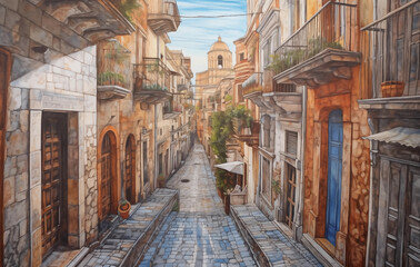 Illustration of a typical Italian village in digital painting