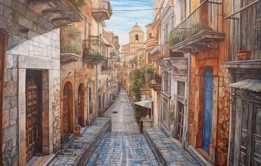 Abwaschbare Fototapete Enge Gasse Illustration of a typical Italian village in digital painting