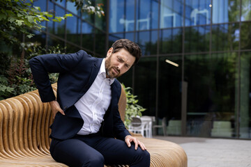 A young businessman man in a suit sits outside an office center and a bench and holds his hand behind his back, suffering and grimacing in pain