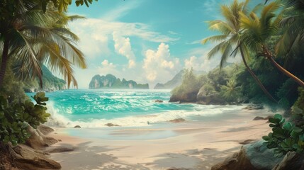 Serene Tropical Beach Vista: Expansive view of a tranquil tropical beach, with inviting blue waters and white sand, framed by verdant foliage and a clear blue sky.